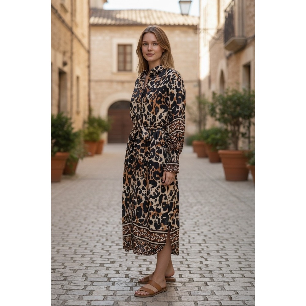 Civico 51 Shirt Dress sz S Brown Leopard Print Midi Italy boho safari chic